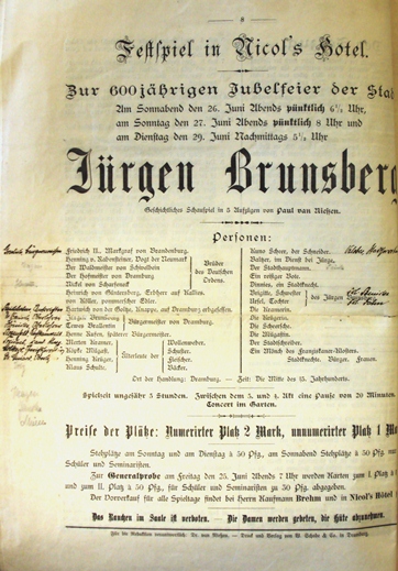 Reklama sztuki „Jürgen Brunsberg” w wydaniu specjalnym Dramburger Kreisblatt z dnia 27 czerwca 1897
